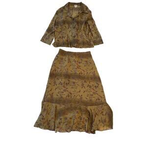 Arielle Tyler 2pc Floral Blouse & Skirt Set Womens Large Green Vtg Cottage Boho